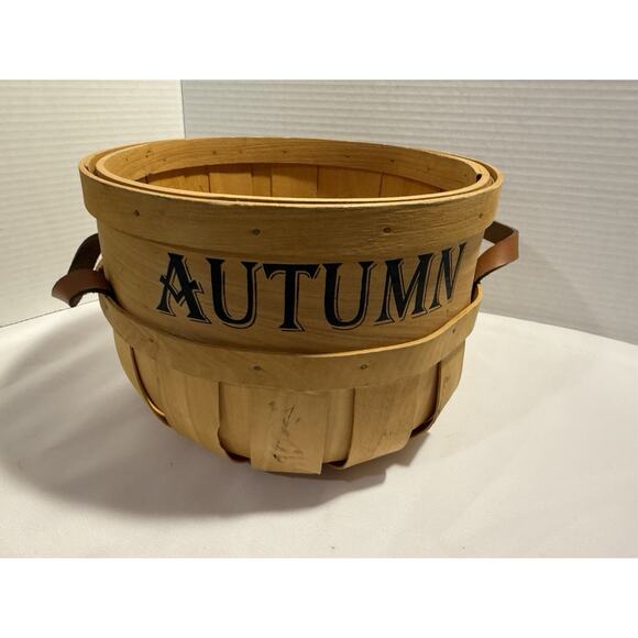Farmhouse Autumn Wood Basket Leather Handles, Fall, Apple Container Organization - Picture 1 of 11